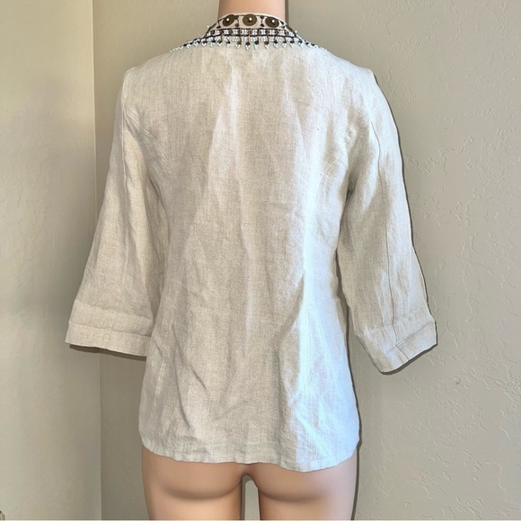 Chico's NWOT Duster Embellished Coin 3/4 Sleeve Tan Blazer Top Size 0 Small - Picture 10 of 10